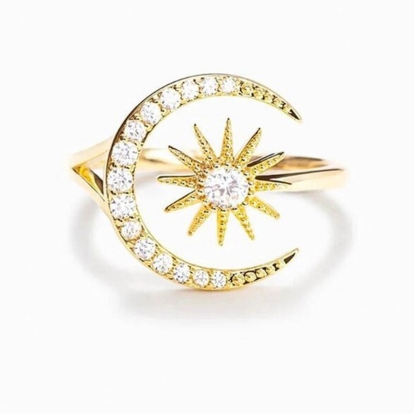 Crescent and Star Ring in gold plated Sterling Silver Adjustable Star Moon Ring - Picture 1 of 8